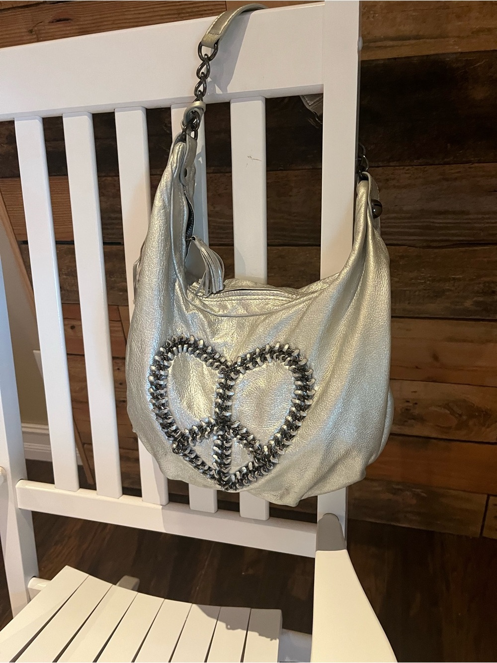 Betsy Johnson Real Leather Metallic Silver Shoulder Bag with Heart Peace Accent